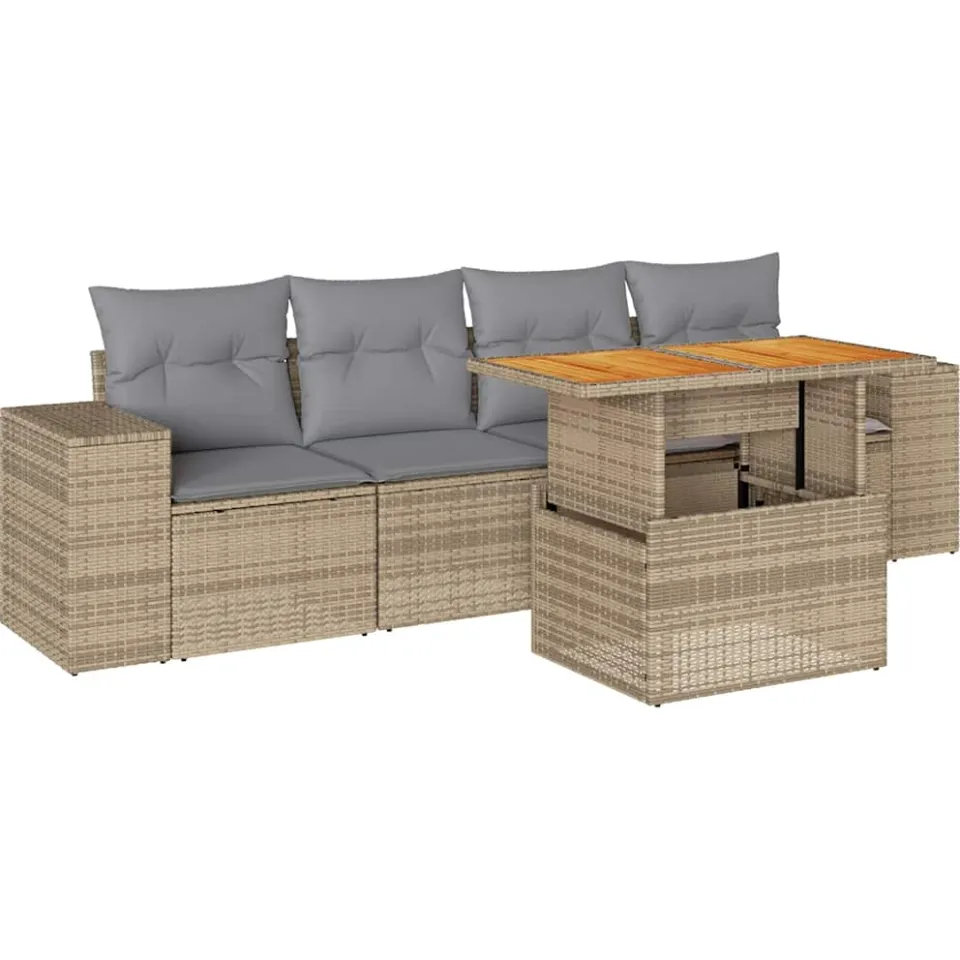 vidaXL 5-delige Loungeset met kussens poly rattan beige, foto 3