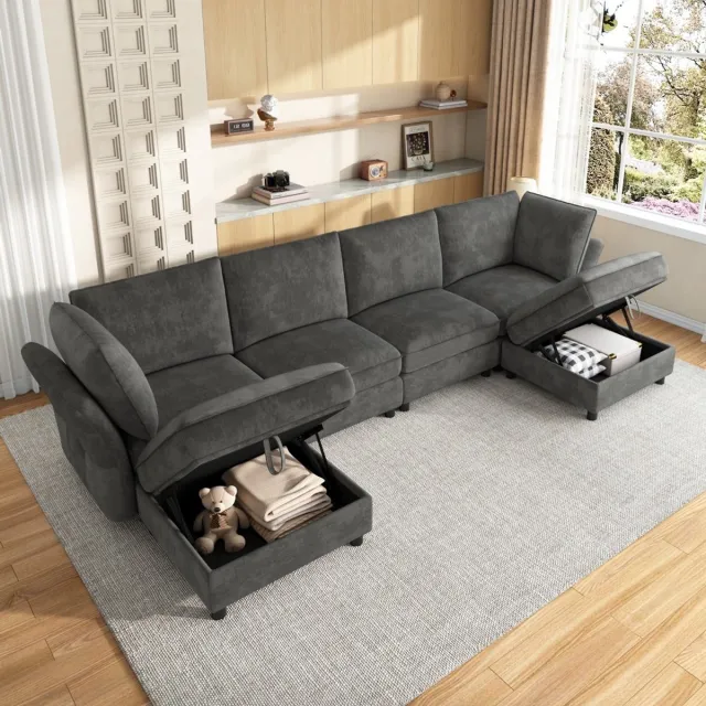 KOMHTOM Modulaire U-/L-vormige Hoekbank - Grijze Kleur - Vrij Combineerbare 6-zitsbank - Met Opbergpoef - Cloud-design - Chenille-stof - Voor Woonkamer, Appartement en Slaapkamer Grijs