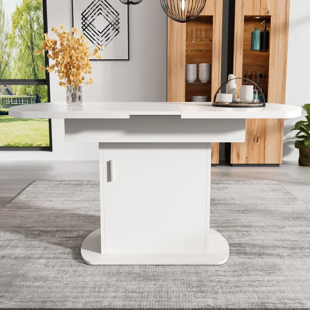 Zubaliya Moderne Witte Eettafel 110-130 cm - Ovale Uitschuiftafel Met Kastje En Opbergruimte - Multifunctionele Tafel