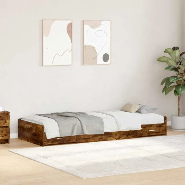 vidaXL Bedframe met lade Gerookt eiken 90 x 190 cm Bewerkt hout Bruin