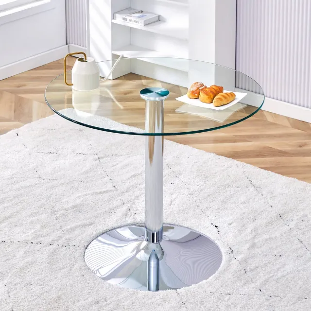 OKWISH Eettafel - Ronde Glazen Tafel Met Transparant Tafelblad - 85 x 85 x 76 cm - Stabiele Metalen Voet - Modern Zilver