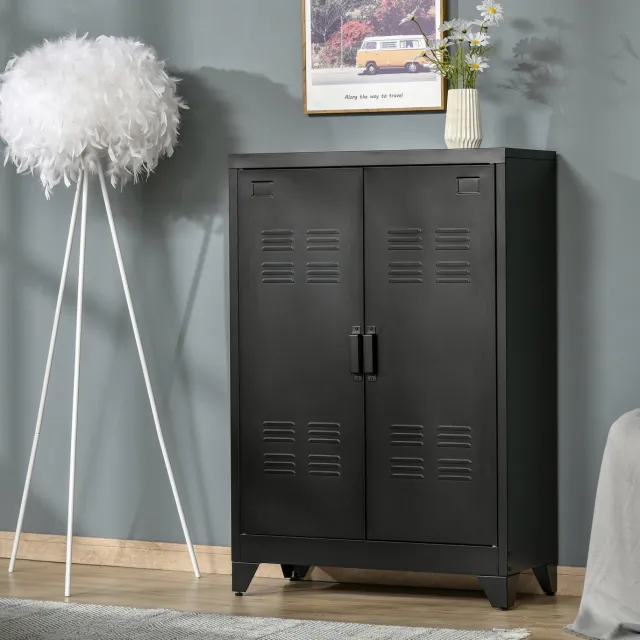 REDOM Archiefkast - Lamellendeuren - Verstelbare legplanken - Metalen constructie - Industrieel - Bureau en woonruimte - Metaal - Zwart - 75 x 33 x 110 cm
