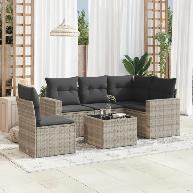 vidaXL 6-delige Loungeset met kussens poly rattan lichtgrijs grijs, foto 2
