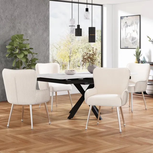Welltin Eetkamerstoel, set van 4, luxe, woonkamer, slaapkamer, loungestoel met vier gouden metalen steunpoten, met armleuningen en verstelbare voeten, lendensteun, Beige