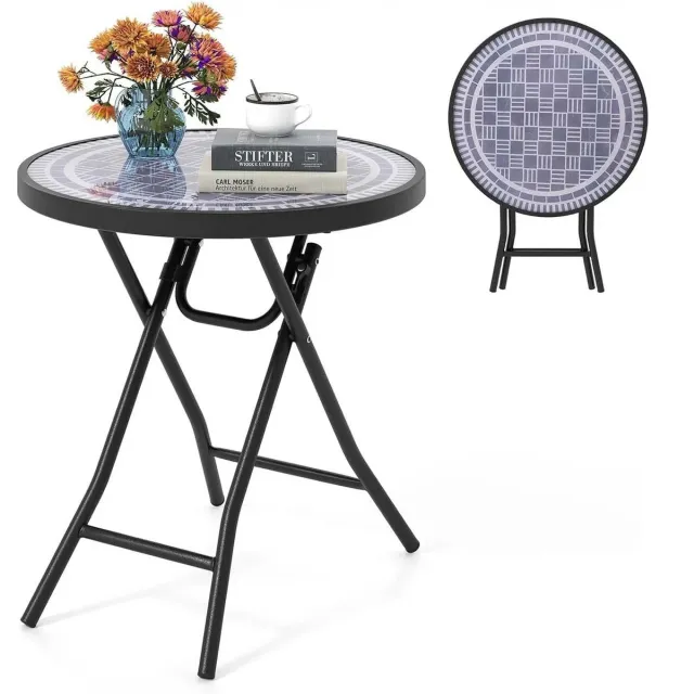 Wisamo Living Opvouwbare Bijzettafel – Salontafel - Tuintafel - Metaal - Gehard glas - Inklapbaar - Afmetingen: Ø 46 × 48 cm - Grijs
