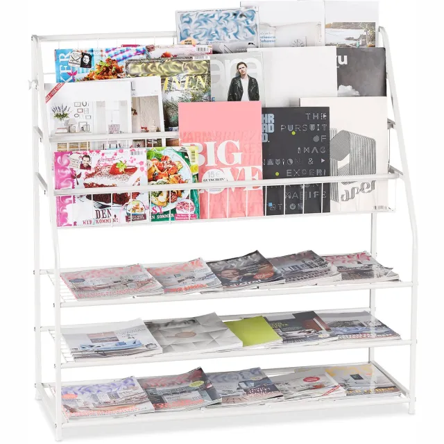Relaxdays Tijdschriftenrek - 3 vakken en 3 planken - metaal - wit