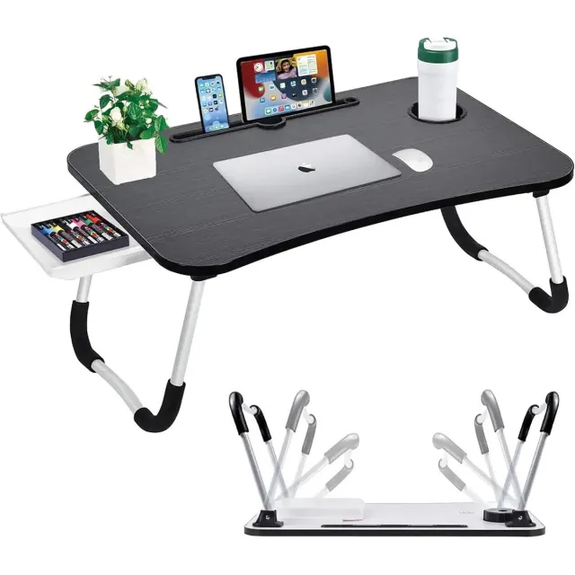 NCRealher Opklapbare Laptoptafel - MDF-Houten Bureau Met Bekerhouder - Draagbare Laptoptafel - Ontbijtplateau - Geschikt Voor Bank Bed En Werk Zwart & Wit