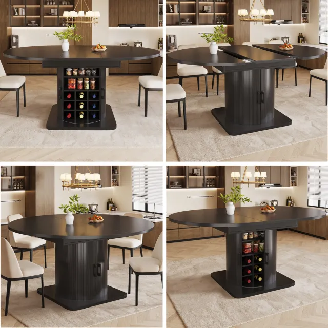 Clruro Eettafel - 118–158×118×76 cm - Uitschuifbaar - Opbergruimte - MDF/Metaal - Zwart