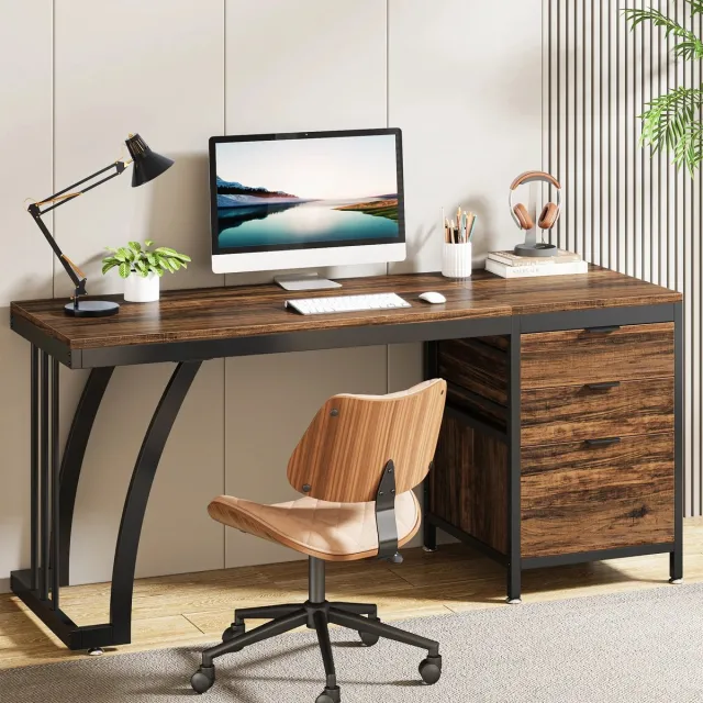 Questyr computerbureau met 3 lades - 59 inch pc-bureau met omkeerbare lades - industrieel studieschrijftafelwerkstation zwart / donker bruin