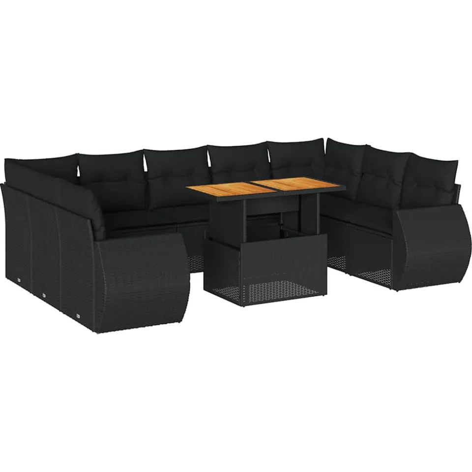 vidaXL 10-delige Loungeset met kussens poly rattan zwart, foto 3