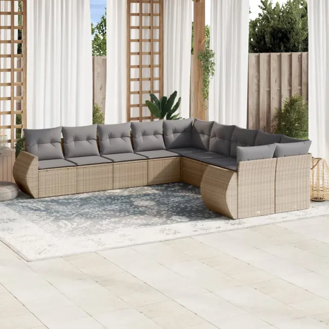 vidaXL 10-delige Loungeset met kussens poly rattan beige, foto 2