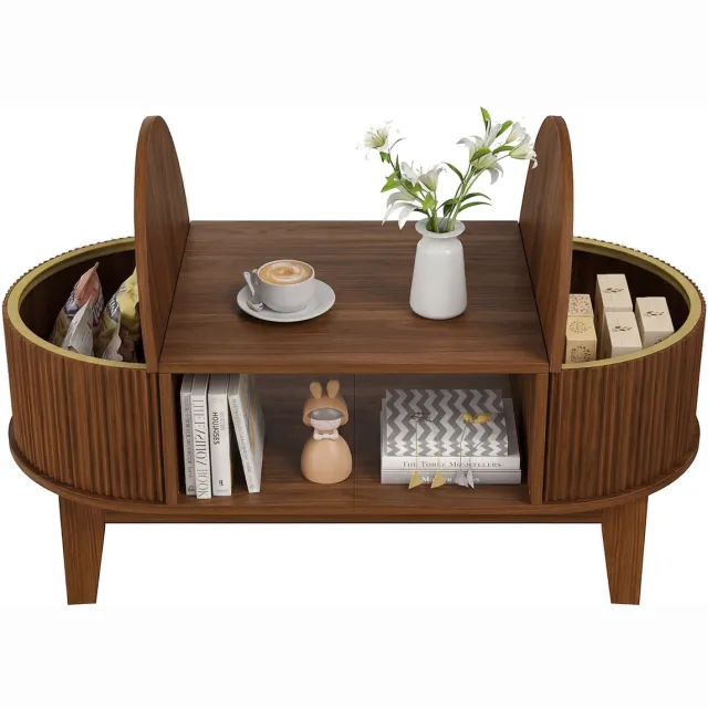 ROSAHQNDA Salontafel 100x50x40,5 cm, ovale koffietafel met verborgen opbergruimte, moderne woonkamer tafel met gebogen design, houtlook Walnootkleur
