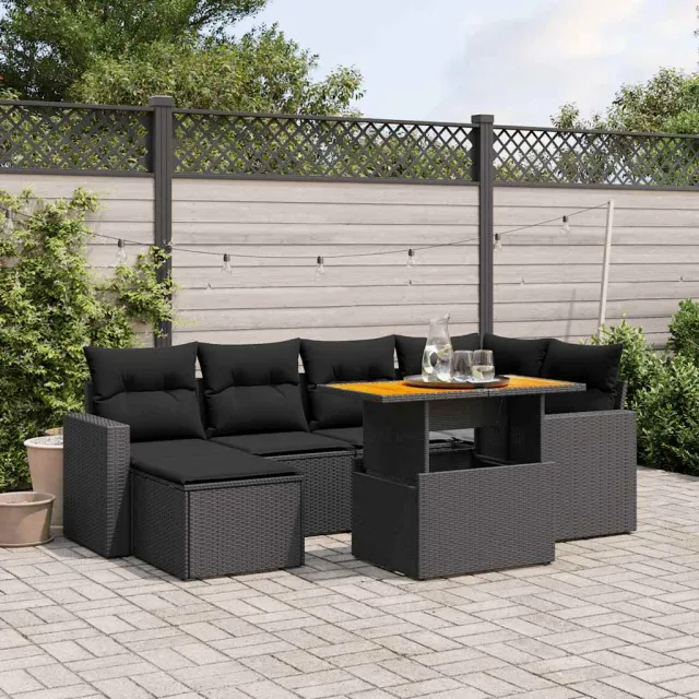 vidaXL 7-delige Loungeset met kussens poly rattan zwart, foto 2