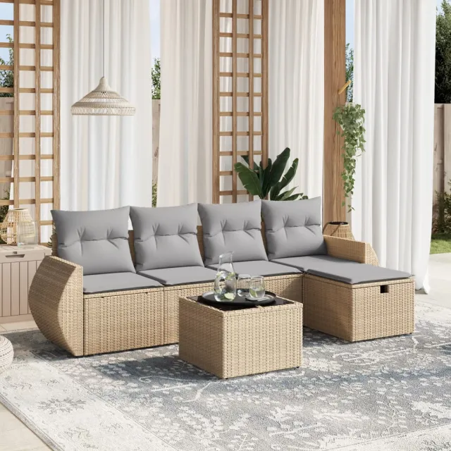 vidaXL 6-delige Loungeset met kussens poly rattan gemengd beige, foto 2
