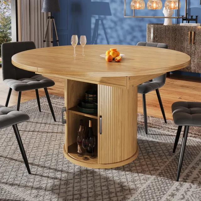 STILVORA Eettafel - Uittrekbaar Rond Naar Ovaal - Met Opbergruimte Voor Servies - MDF - Natuurlijk Walnootlook - 118 Tot 158x118x76,8 Cm