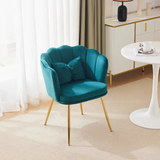 DESMIU Fauteuil 63 Cm - Bloemvormige Rugleuning Met Kussen En Gouden Metalen Poten - Voor Woonkamer, Slaapkamer En Eetkamer - Velvet - Groen Green