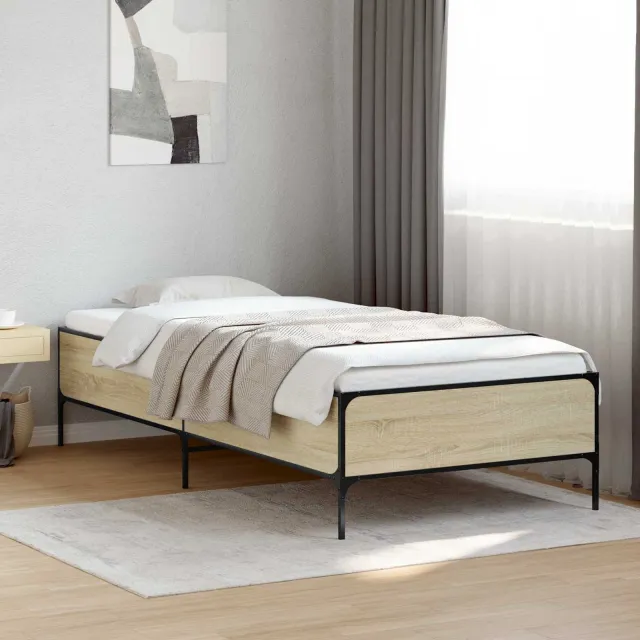 vidaXL Bedframe bewerkt hout en metaal sonoma eikenkleurig 90x200 cm Bruin
