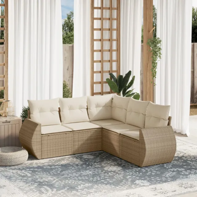 vidaXL 5-delige Loungeset met kussens poly rattan beige, foto 2