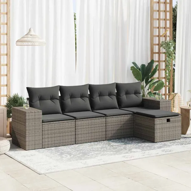vidaXL 5-delige Loungeset met kussens poly rattan grijs, foto 2