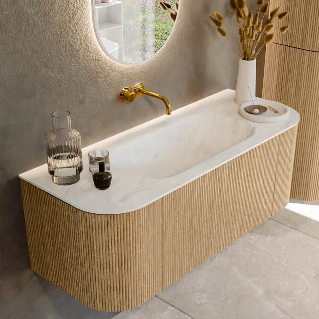 Mondiaz KURVE-DLUX 120 cm Onderkast Greeploos 1 Lade Met Deuren Oak, Wastafel Solid Surface Midden Opalo 0 Kraangaten Zonder Spiegel (KRVBGS120L+R1L2D0KM-Oak/Opa)