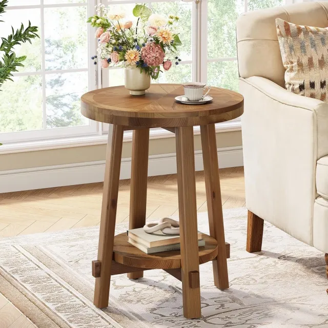 Tribesigns massief hout Bijzettafel - Sidetable met 2 niveaus voor Woonkamer- kleine bijzettafel met opbergruimte voor Woonkamer, Thuiskantoor - 50×50×65 cm -bruin