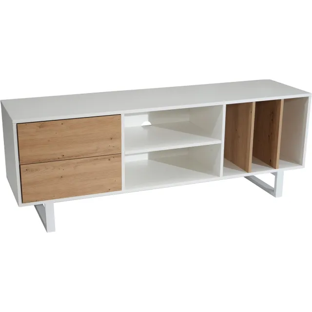 Ervesto Lowboard Tv-Meubel - Tv-Kast - Wit Met Eikendecor - 150x55x40 Cm - Woonkamer Kast Met Lades En Open Vakken marron