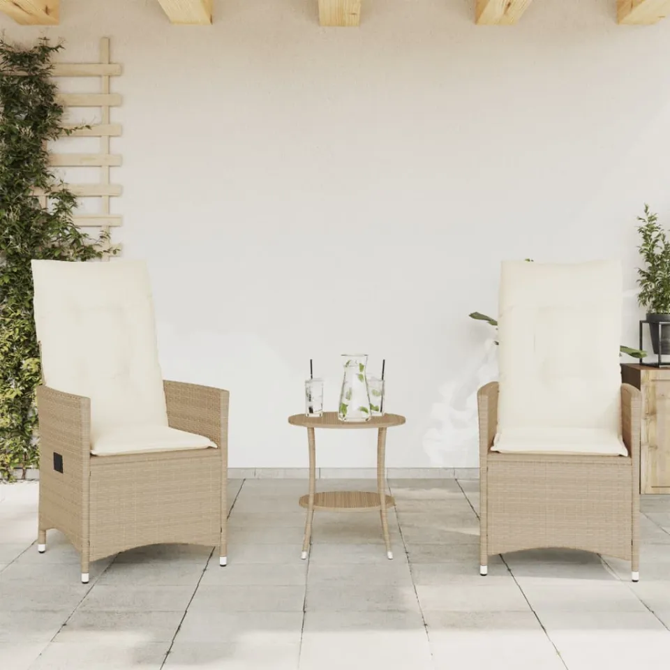 vidaXL 3-delige Bistroset met kussens poly rattan beige, foto 2