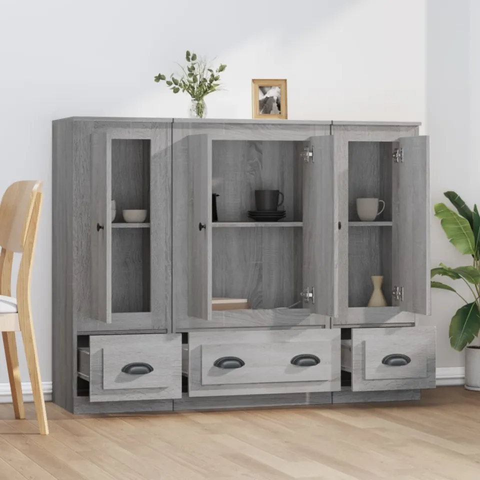 vidaXL Hoge kasten 3 st bewerkt hout grijs sonoma eikenkleurig, foto 3