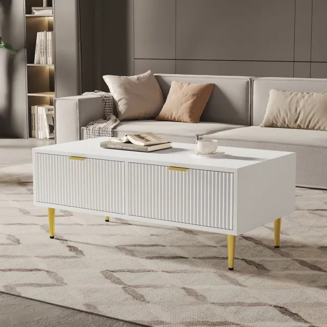 MODENUIT Salontafel - 2 Laden En Open Onderplank Voor Woonkamer - MDF Wit Met Gouden Accenten - 100x50x40 Cm