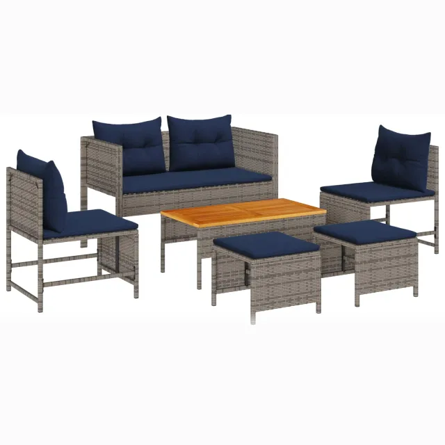 vidaXL Tuinbankenset 6 st Grijs en Marineblauw poly rattan