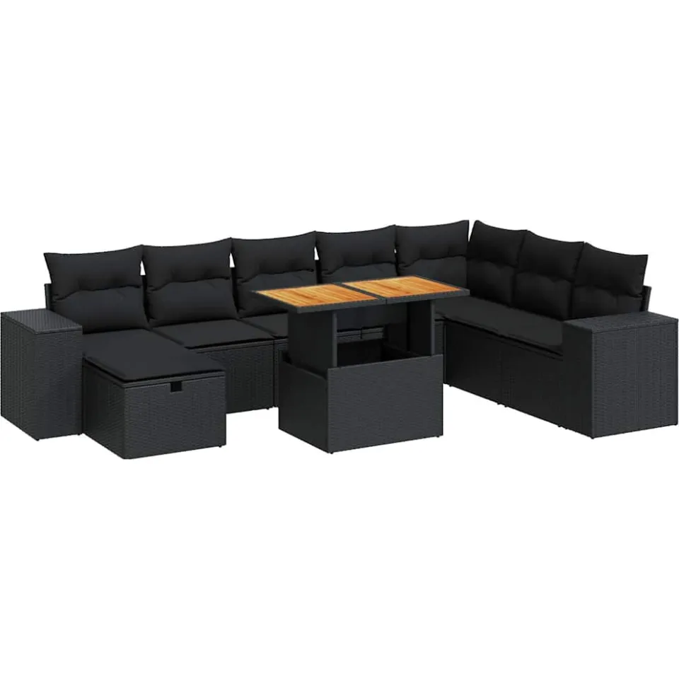 vidaXL 9-delige Loungeset met kussens poly rattan acacia zwart, foto 3