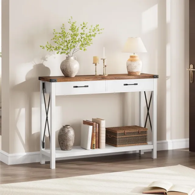 Danky Sidetable Wit 109x30x78cm - Smalle Haltafel met 2 Laden Industrieel