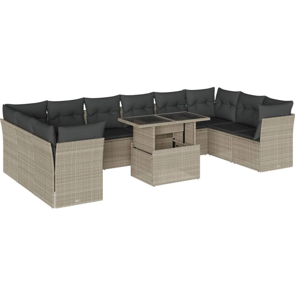 vidaXL 11-delige Loungeset met kussens poly rattan lichtgrijs grijs