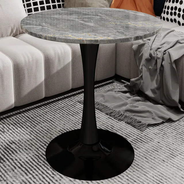 Pugsdrly 27,6 inch zwarte salontafel, mid-century moderne eettafel, geschikt voor 2-4 personen, met een rond marmeren tafelblad met een diep grijze geaderde afwerking, perfect voor verschillende settings Zwart + Grijs