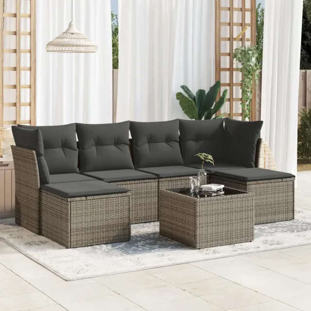vidaXL 7-delige Loungeset met kussens poly rattan grijs, foto 2