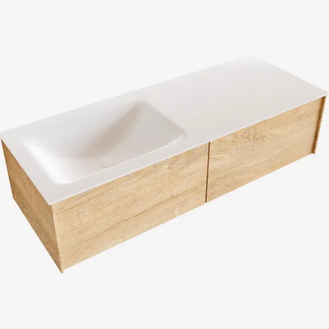 Boss & Wessing Badkamermeubel BWS Madrid Washed Oak 120x45x30 cm Mat Witte Solid Surface Wastafel Links (2 lades, 1 kraangat)