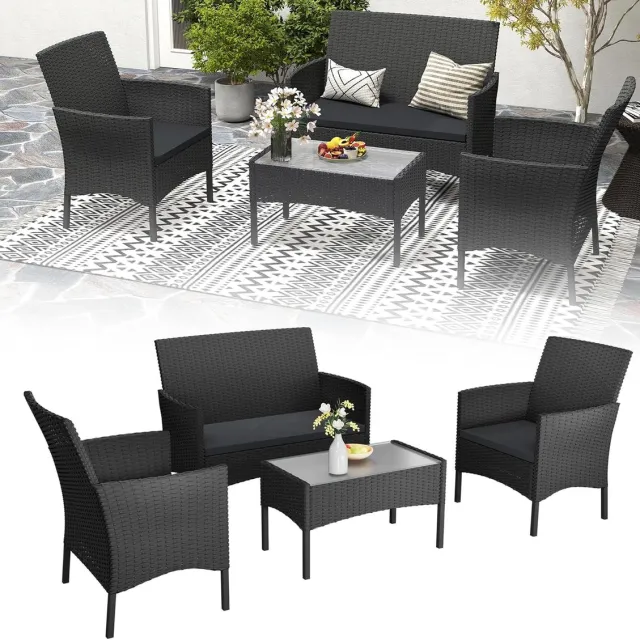 Aufun polyrattan tuinmeubelset – voor 4 personen – 2-zitsbank, 2 fauteuils, tafel met glazen blad – incl. kussens – wit glas – voor terras, tuin en balkon Zwart