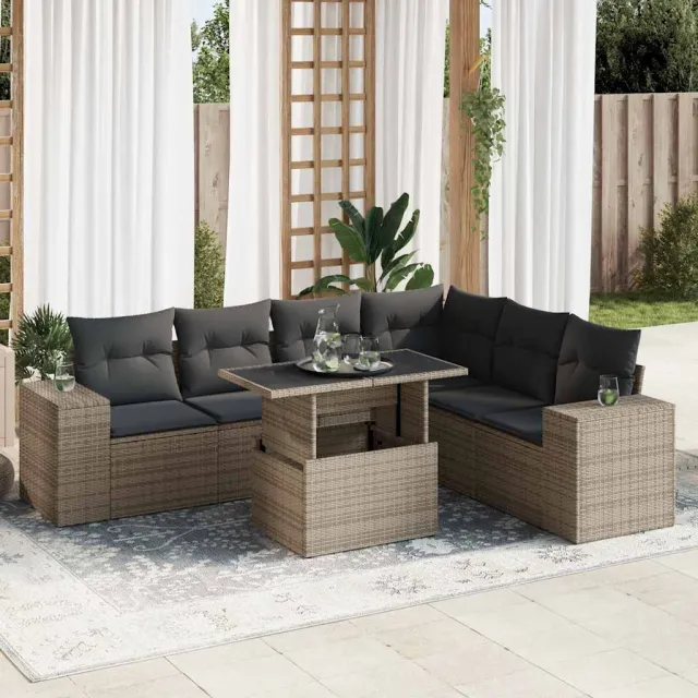 vidaXL 7-delige Loungeset met kussens poly rattan acacia grijs, foto 2