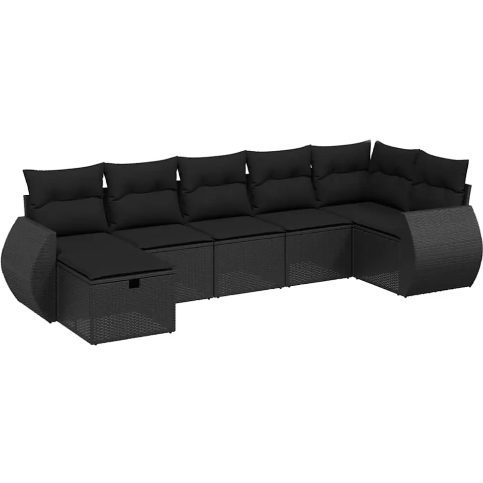 vidaXL 7-delige Loungeset met kussens poly rattan zwart, foto 3