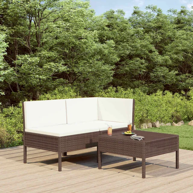 vidaXL 3-delige Loungeset met kussens poly rattan bruin, foto 2