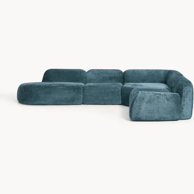 Westwing Collection XL modulaire teddy bouclé hoekbank Wolke (4-zits) met chaise longue Turquoise