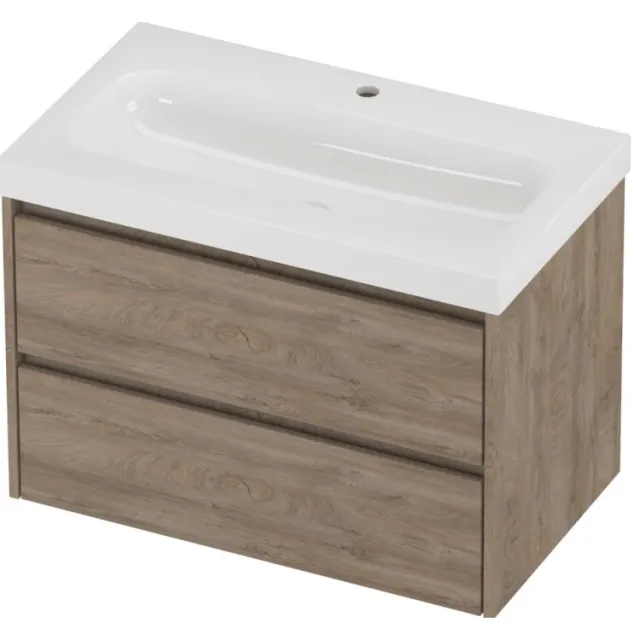 Proline Haga Badmeubelset Polystone Mezza 1 Kraangat Symmetrisch 80x46x58 cm Glans Wit Raw Oak Eiken