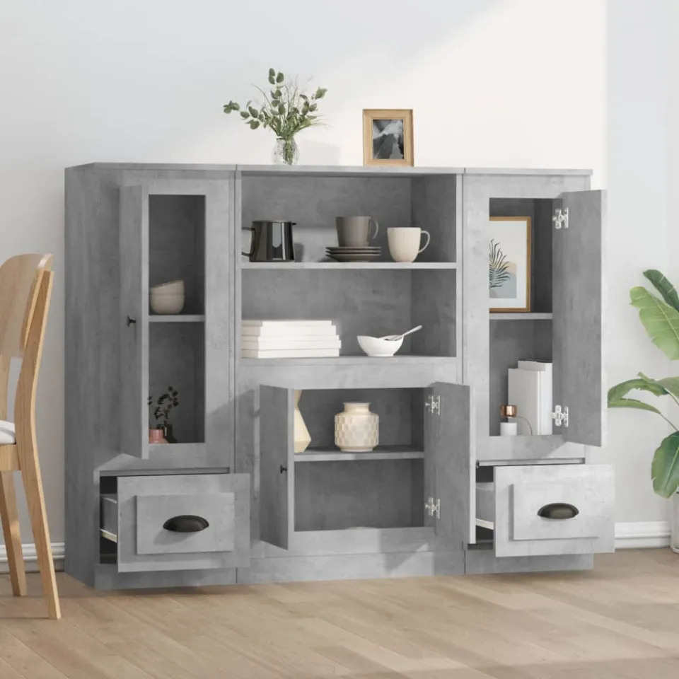 vidaXL Hoge kasten 3 st bewerkt hout betongrijs grijs, foto 3