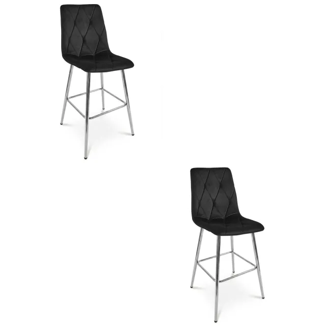 LEOBERT Set van 2 barkrukken LIBRA - Zwart fluweel - Zilveren metalen poten - Modern design Zwart/Zilver