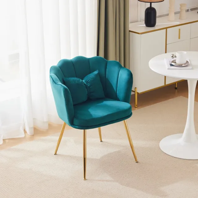 HAUSS SPOLE Fauteuil - Velvet Bloemblad Design - Met Vlinderkussen En Gouden Metalen Poten - Voor Woonkamer En Slaapkamer - Groen