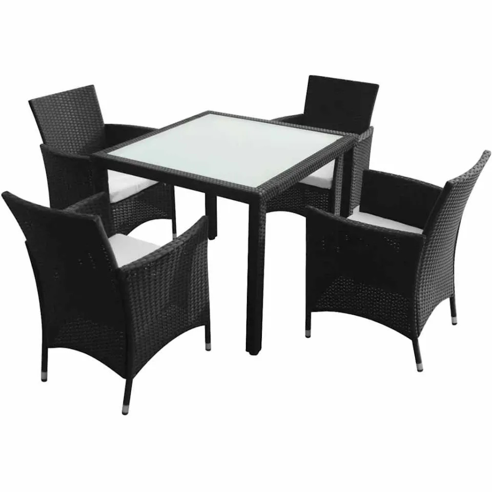 vidaXL 5-delige Tuinset met kussens poly rattan zwart