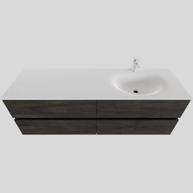 Boss & Wessing Badkamermeubel Solid Surface BWS Stockholm 150x46 cm Rechts Wood Dark Brown 4 Laden (met 1 kraangat) Houtlook