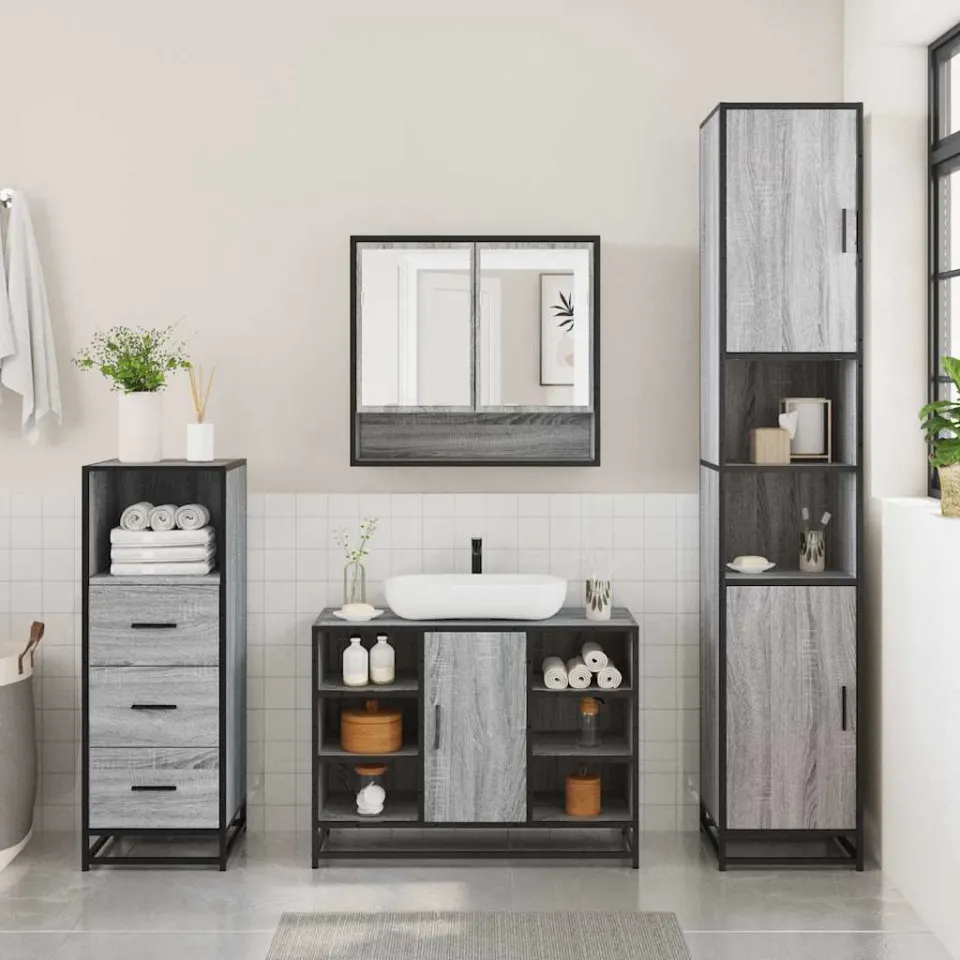vidaXL 3-delige Badkamermeubelset bewerkt hout grijs sonoma eikenkleur, foto 2