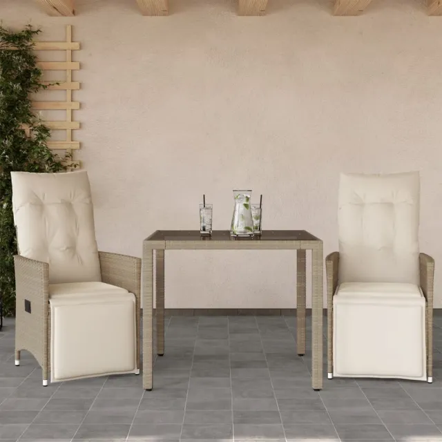 vidaXL 3-delige Bistroset met kussens poly rattan beige, foto 2
