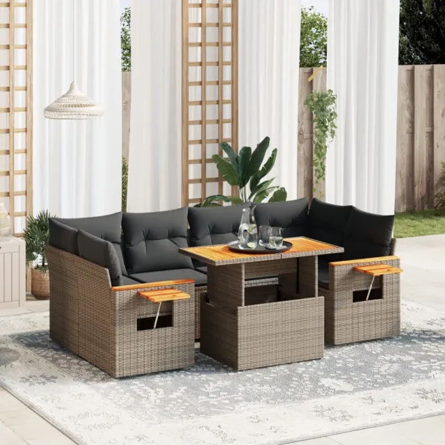vidaXL 7-delige Loungeset met kussens poly rattan grijs, foto 2